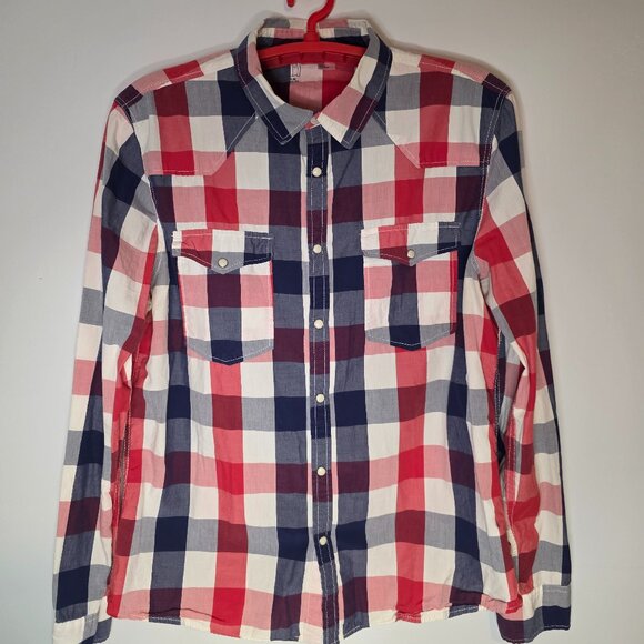 H&M Divided Slim Fit Men's Western Style Pearl Snap Plaid Shirt Size Large - Picture 1 of 5